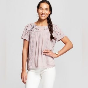 Knox Rose Floral Embroidered SS Top (L)